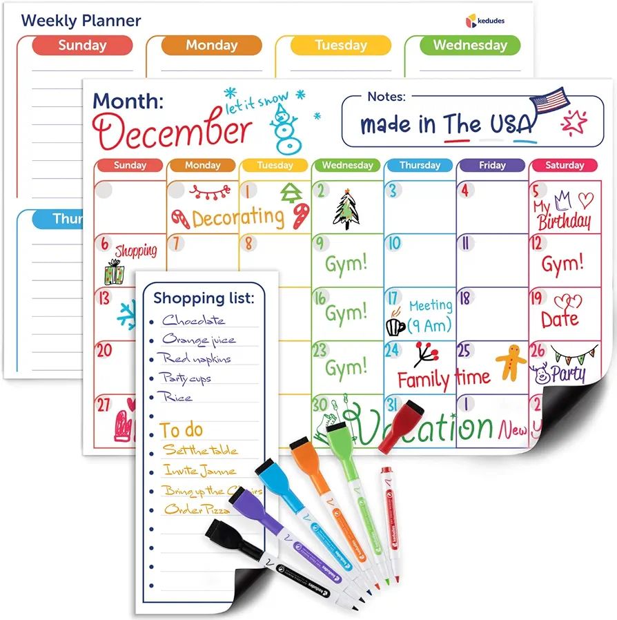 Magnetic Dry Erase Calendar Set | 3pk Monthly Fridge Calendar White Board, Weekly Planner, Magnet... | Amazon (US)