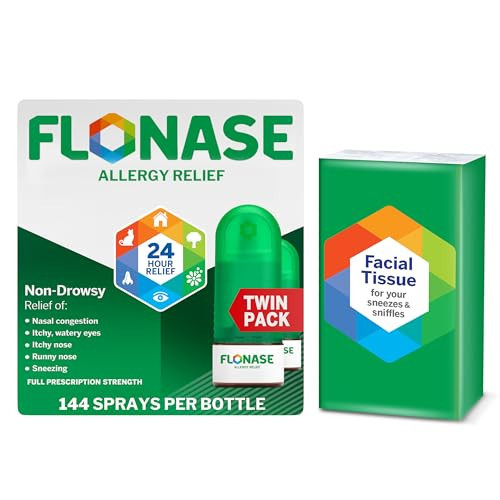 Flonase Allergy Relief Nasal Spray, 24-Hour Non-Drowsy Multi-Symptom Relief 144 Sprays (Pack of 2) plus Bonus Pack of Tissues | Amazon (US)