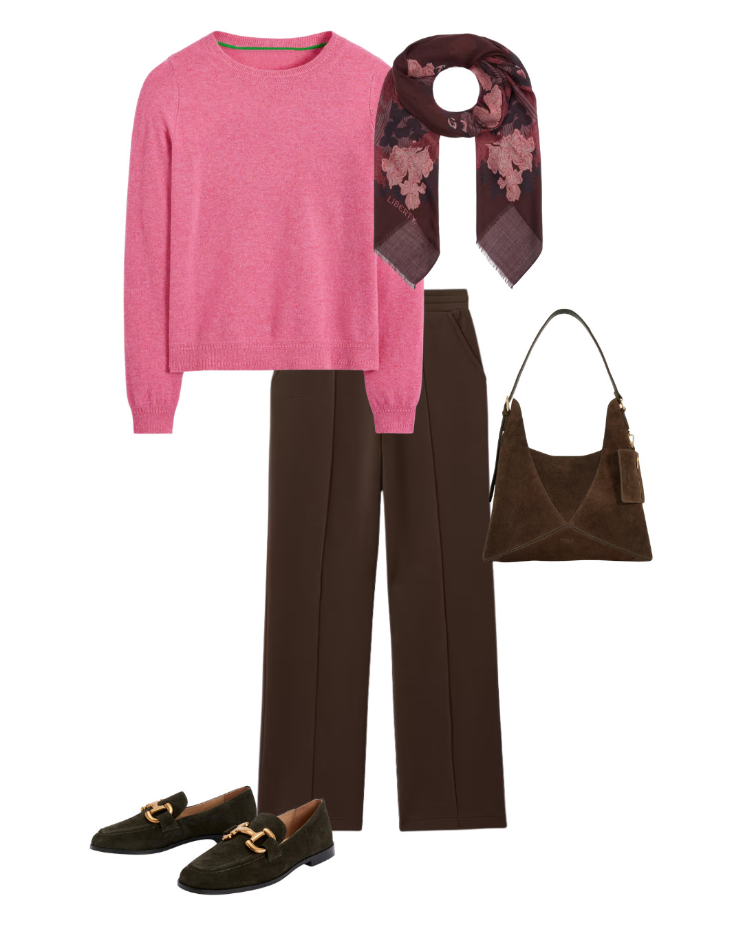 Elevated autumn casual outfit with wide leg joggers, cashmere sweater in rose pink and chocolate suede loafers and bag 

 #LTKuk #LTKautumn #LTKover50style