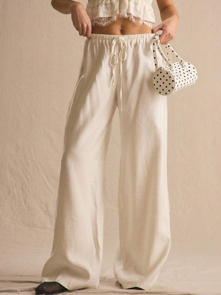 MUSERA Linen Lace Detail Wide Leg Trouser Spring Summer Cosy Cute Daily Girly Vacation Spring Cas... | SHEIN