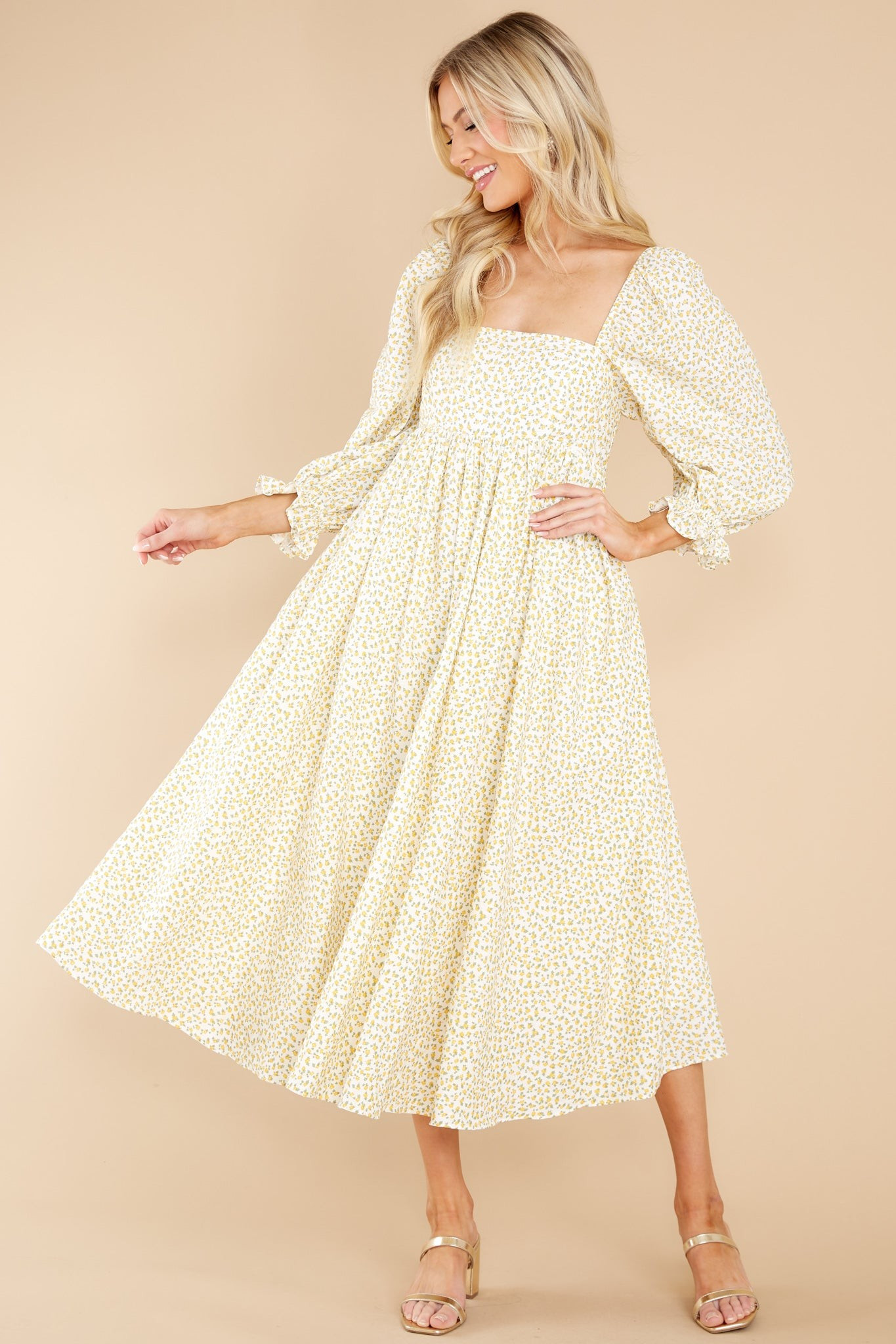 Enjoy The Scenery Yellow Floral Print Midi Dress | Red Dress 