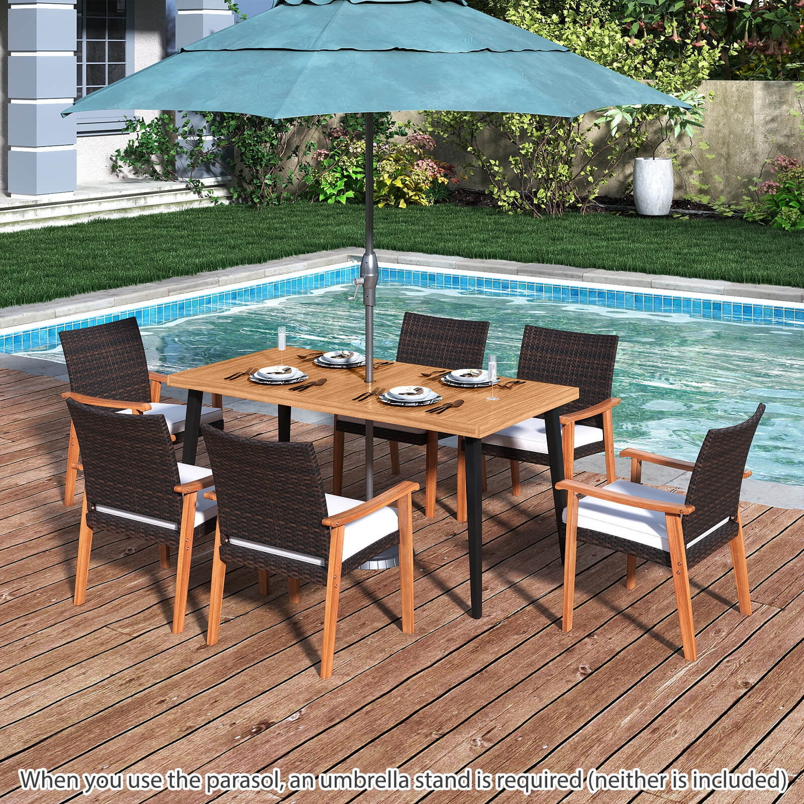 Costway 7 PCS Patio Dining Table Set with Tabletop, 1.97” Umbrella Hole, Removable Cushion Natu... | Walmart (US)