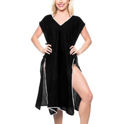 LA LEELA Womens Vacation Beachwear Long Bathing Suit Summer Short Front Tie Swimsuit Cover Ups M-L Black, Solid | Target