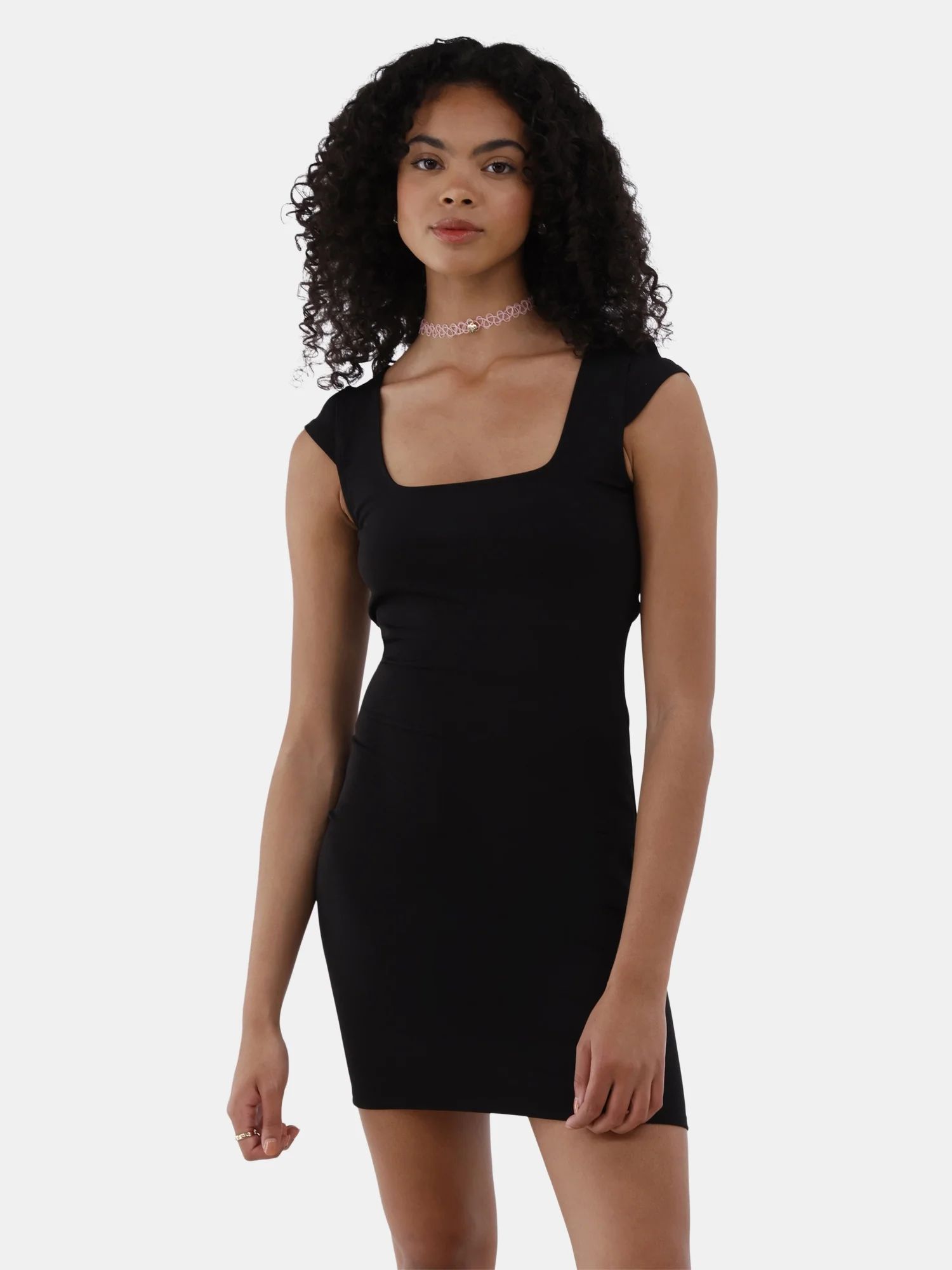 No Boundaries Square Neck Mini Dress with Cap Sleeves, Women’s and Women’s Plus | Walmart (US)