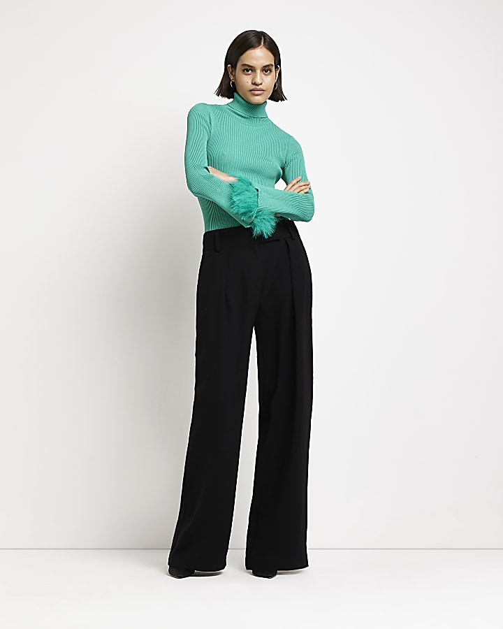 Turquoise knit feather trim top | River Island (UK & IE)
