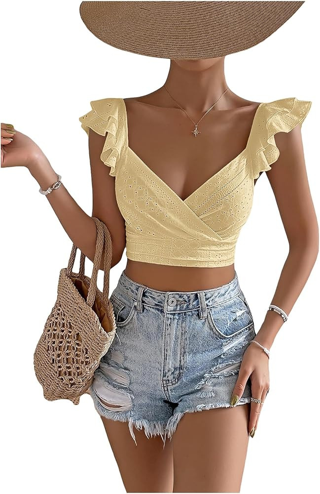 MakeMeChic Women's Ruffle Sleeveless Tank Tops Eyelet Wrap V Neck Crop Top Summer Blouse Shirts | Amazon (CA)