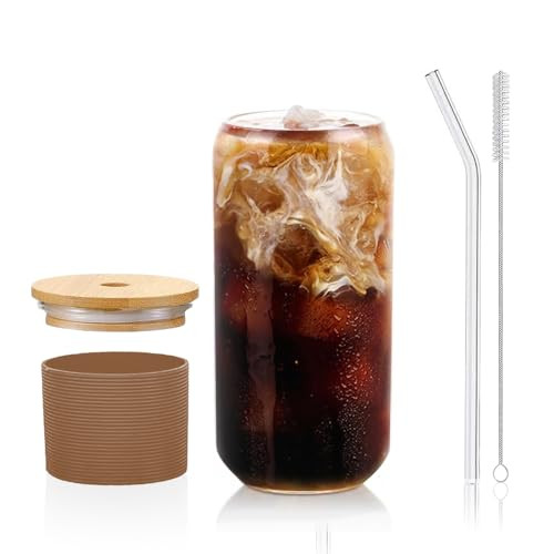 DAMCONME Glass Cup with Lid and Straw 1 Pack,Glass Cups for Iced Coffee Matcha Whiskey Cocktail-16 Oz Drinking Glasses with bamboo lids Silicone Sleeve Brush-BPA Free-Dishwasher Safety(Brown) | Amazon (US)