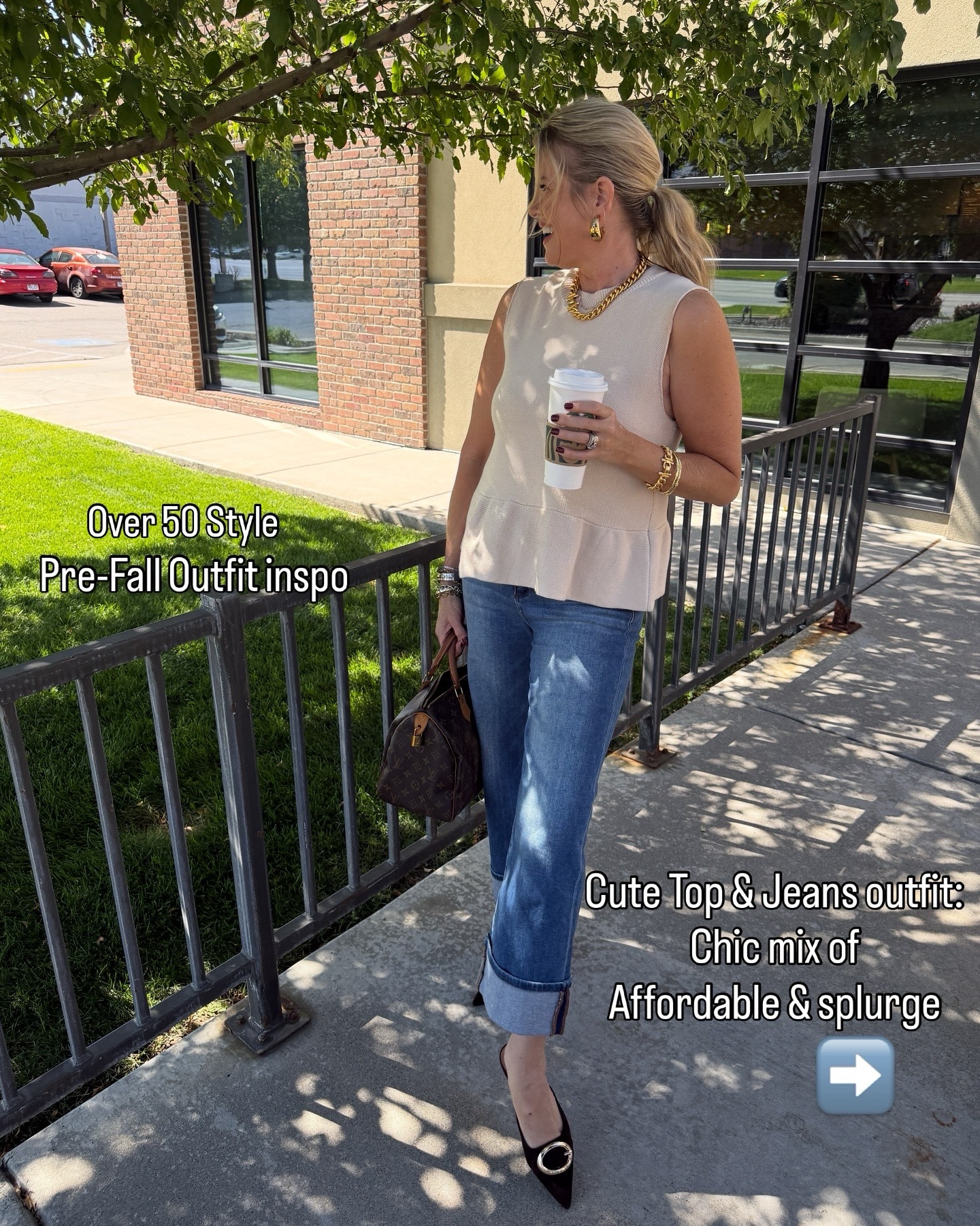 Pre-fall outfit of the day🍁🍂

Had a coffee date with my hubby☕️🍂what I wore

Amazon find knit  peplum top $27  comes in several colors, fits tts I am in a med 
Great to wear now and layer for fall. 

Risen jeans made for  social threads exclusive! Fits tts I am in the 27  the perfect year round jean! 

Steve Madden suede gold buckle flat/slide 

Necklace and  matching chain bracelet Julie Vos 

Gold hoops lisi lurch 

Two bangles and one small link bracelet Allie. & Bess save 20% with code DARCY20 

Louise curation Speedy 30 bag!
One of my most used bags
