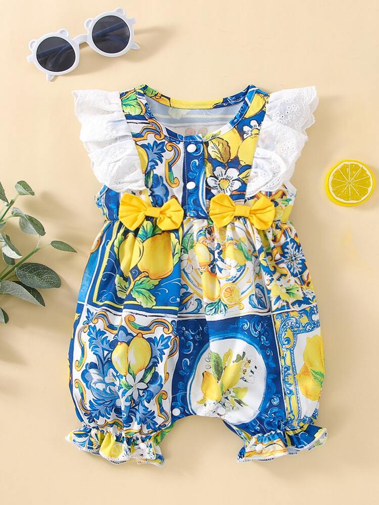 Baby Lemon & Floral Print Ruffle Trim Bow Front Romper | SHEIN