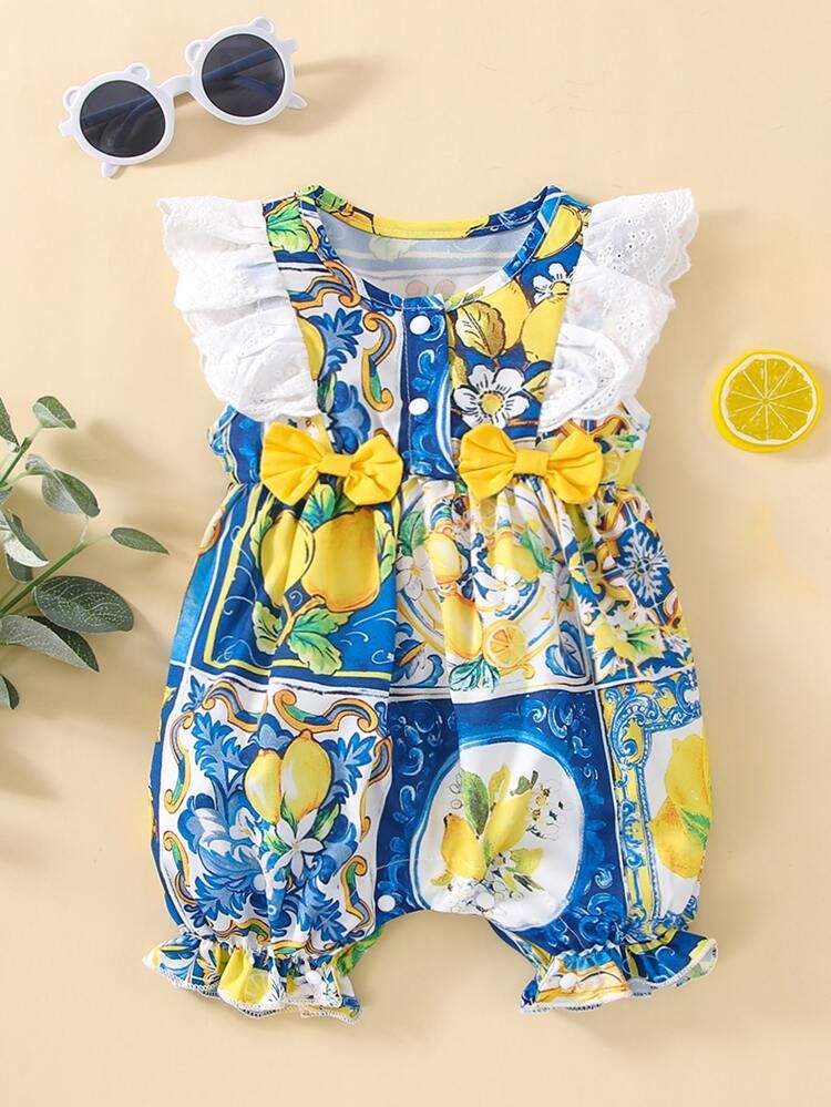 Baby Lemon & Floral Print Ruffle Trim Bow Front Romper | SHEIN