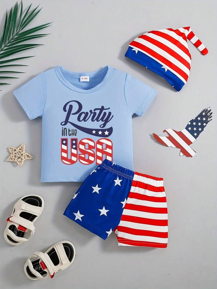 Baby Boys Independence Day Letter Printed Summer Short Sleeve T-Shirt + Casual Shorts + Hat Set, ... | SHEIN