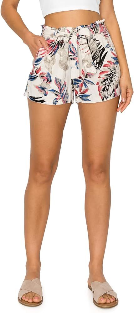 Cali1850 Women's Paperbag Linen Shorts - Oceanside Elastic Waist Self Tie Belt Paper Bag Beach Pa... | Amazon (US)
