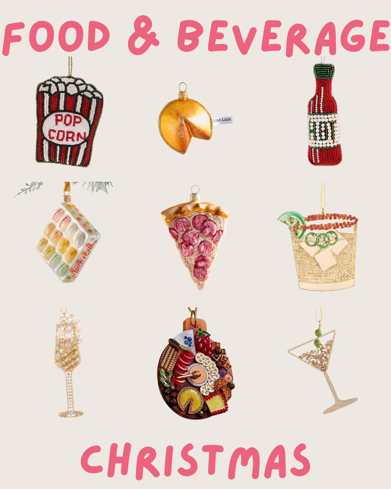 Foodie meets festive 🍕🍸✨ 

From pizza and popcorn to martinis and charcuterie boards, these food & beverage ornaments are perfect for the hostess, foodie friend, or cocktail lover. Add them to your holiday decor or gift list this Christmas!

#LTKSeasonal #LTKHoliday #LTKGiftGuide