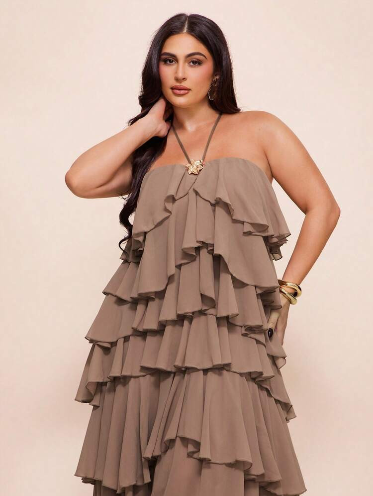 SHEIN BAE Women's Plus Size Casual Halter Neck Tiered Ruffle Maxi Cami Dress Coffee Brown Sleeveless Plus Size Brown Dress Plus Size Resort Wear Plus Size Vacation Dress | SHEIN