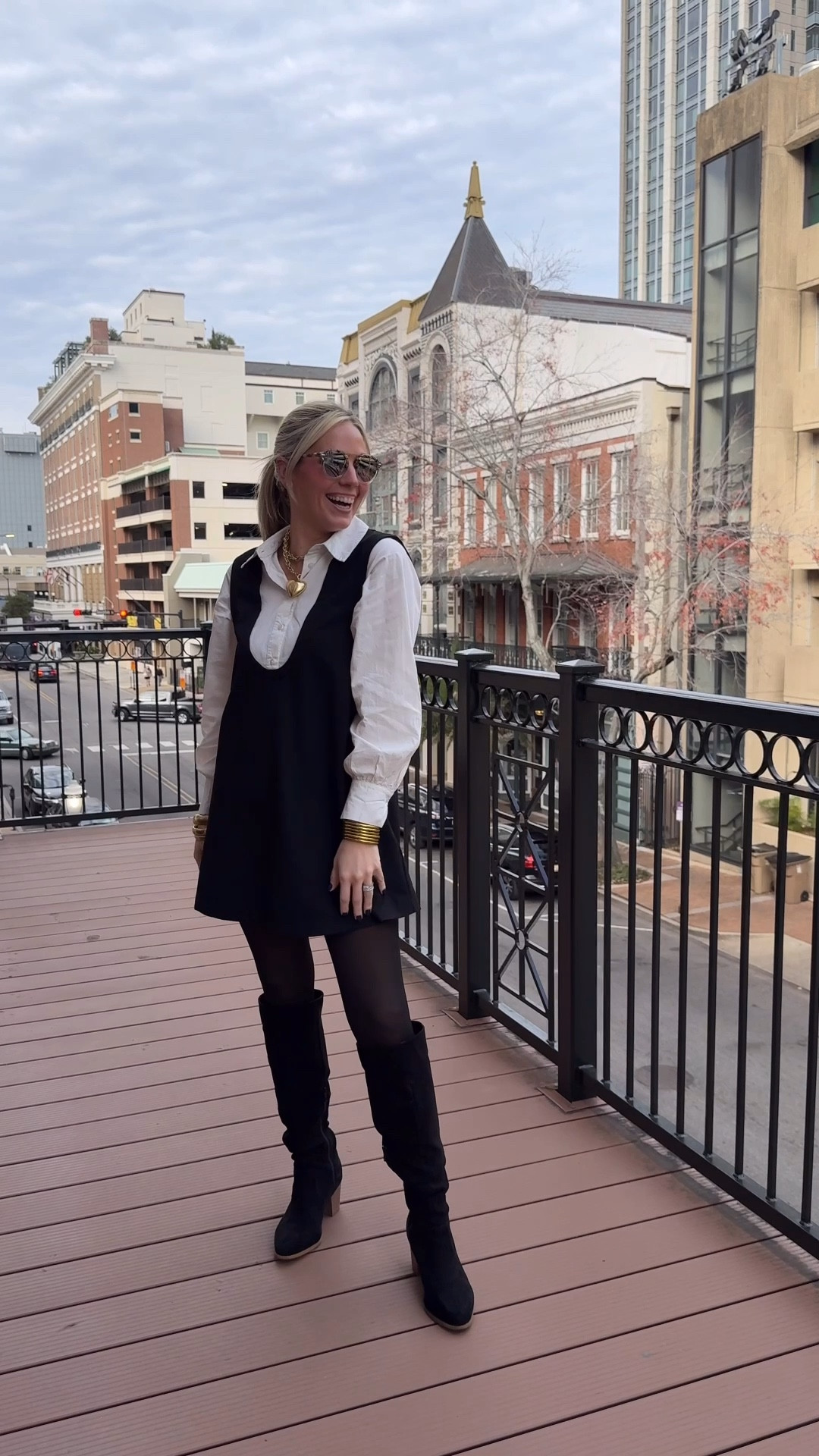 Workwear OOTD
Pinafore dress: rented through NUULY but linking some similar options to achieve the same look!
Fleece lined tights: Amazon and so good!
Boots: Walmart but linking similar (the Walmart exact ones are linked in my instagram bio in my Mavely shop)
Sunnies: Krewe

#LTKWorkwear #LTKWatchNow #LTKStyleTip