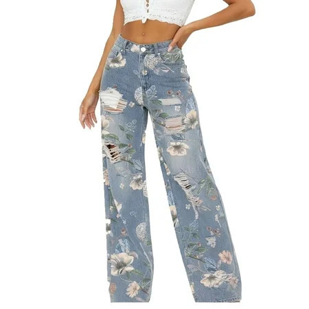PFRNLF Vintage Floral Jeans for Women High Waisted Casual Wide Leg Hole Denim Pants | Walmart (US)