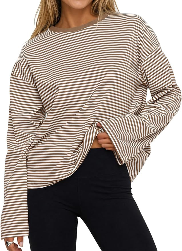 Flowyair Womens Oversized Striped Long Sleeve Shirts Casual Trendy Crew Neck Cotton Tops Drop Sho... | Amazon (US)