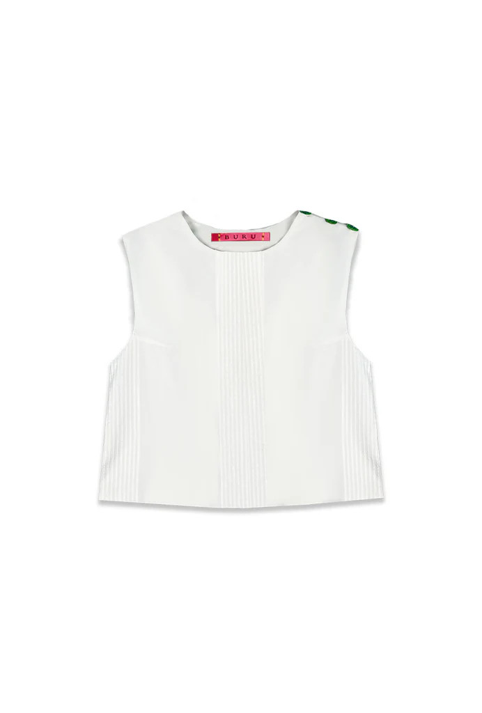 BURU x Sarah Bray Bermuda Side Button Box Top - White Pin Tuck | Shop BURU