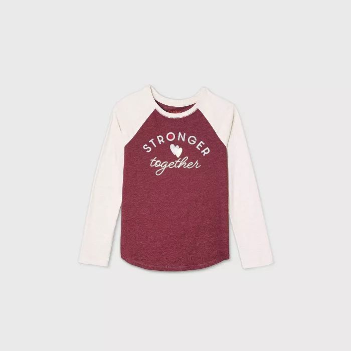 Girls' Long Sleeve 'Stronger Together' Graphic Baseball T-Shirt - Cat & Jack™ Burgundy/Cream | Target