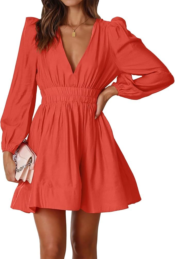 Mini Dress Deep V Sexy Dress Long Sleeve Dress for Women A-line High Waisted Casual Flowy Dress | Amazon (US)