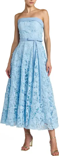 Embroidered Lace Strapless Midi Dress With Bow Detail | Nordstrom