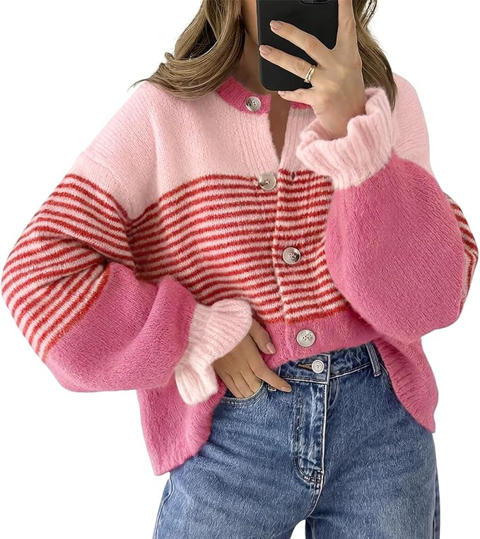 Saodimallsu Womens 2026 Fall Trendy Striped Cardigan Sweaters Ruffle Sleeve Button Up Loose Color... | Amazon (US)
