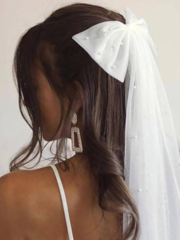 JONKY Bow Wedding Veil Bridal Pearl Bachelorette Party Hair Clip for Women (Style1) | Amazon (US)