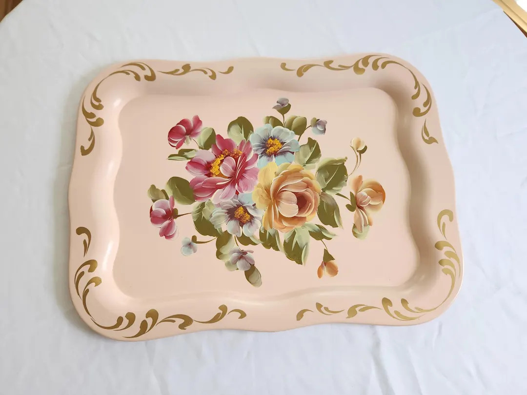 Vintage Pastel Pink Floral Toleware Hand Painted Large Metal Tray --- Retro Cute Cottage Floral H... | Etsy (US)