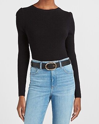 Fitted Ribbed Puff Sleeve Sweater Black Women's S | Express