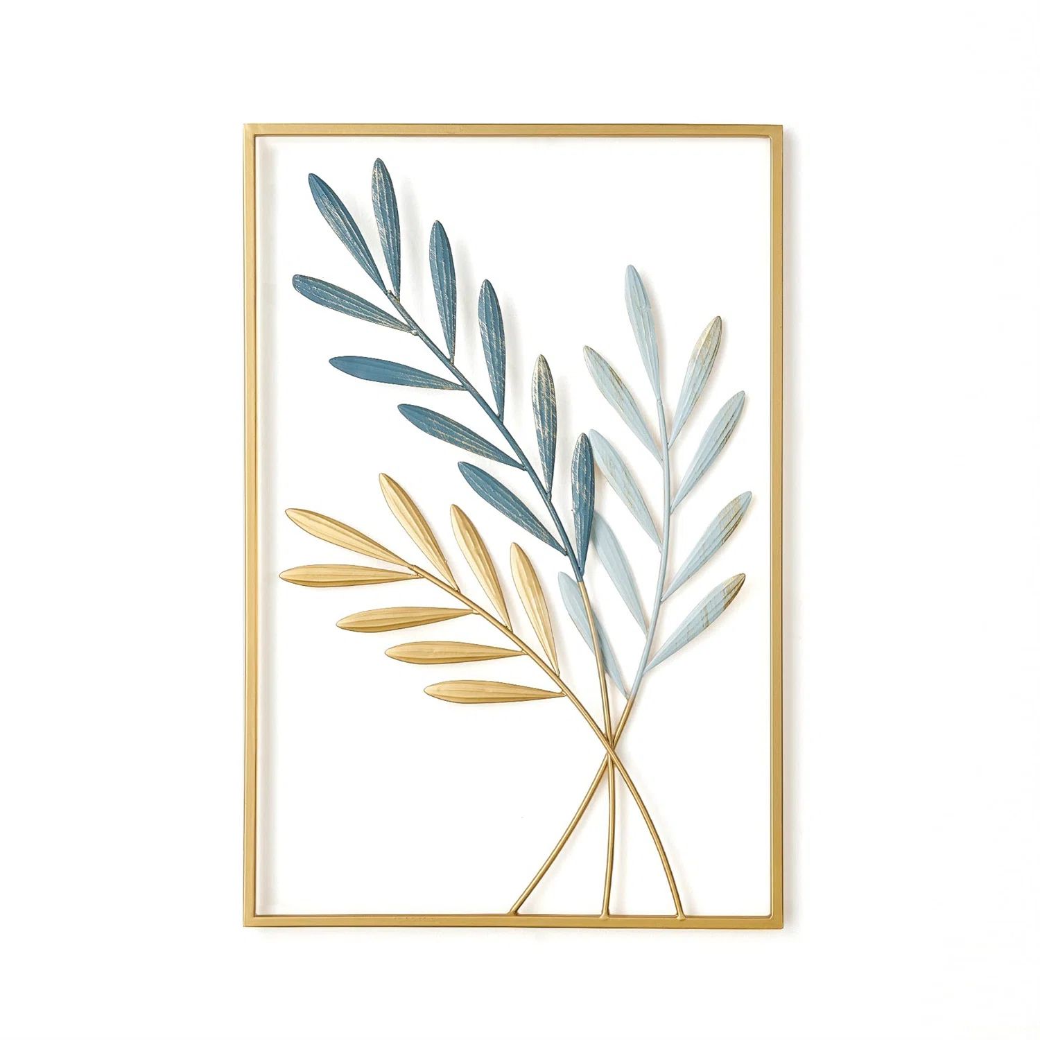 Gold Metal Wall Decor, Blue & Gold Leaf Art Wall Hanging Home Decor With Frame, Wall Decoration S... | Wayfair North America