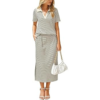 Glamaker Womens Skirt Sets 2 Piece Outfits 2025 Summer Casual Striped Short Sleeve Skirt And Top ... | Amazon (US)