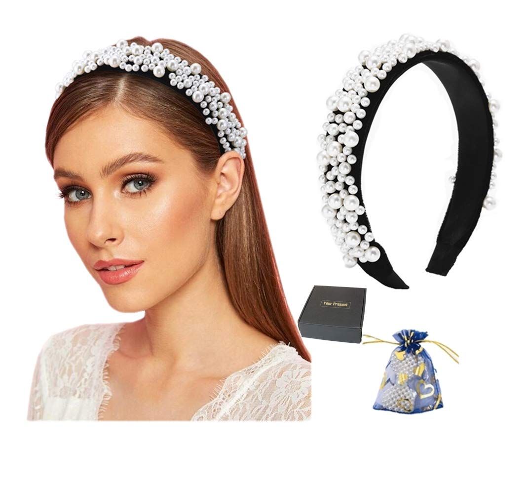 Pearl Headbands for Women Fashion Velvet White Studded Embellished Head Band Design Elegant Weddi... | Amazon (US)