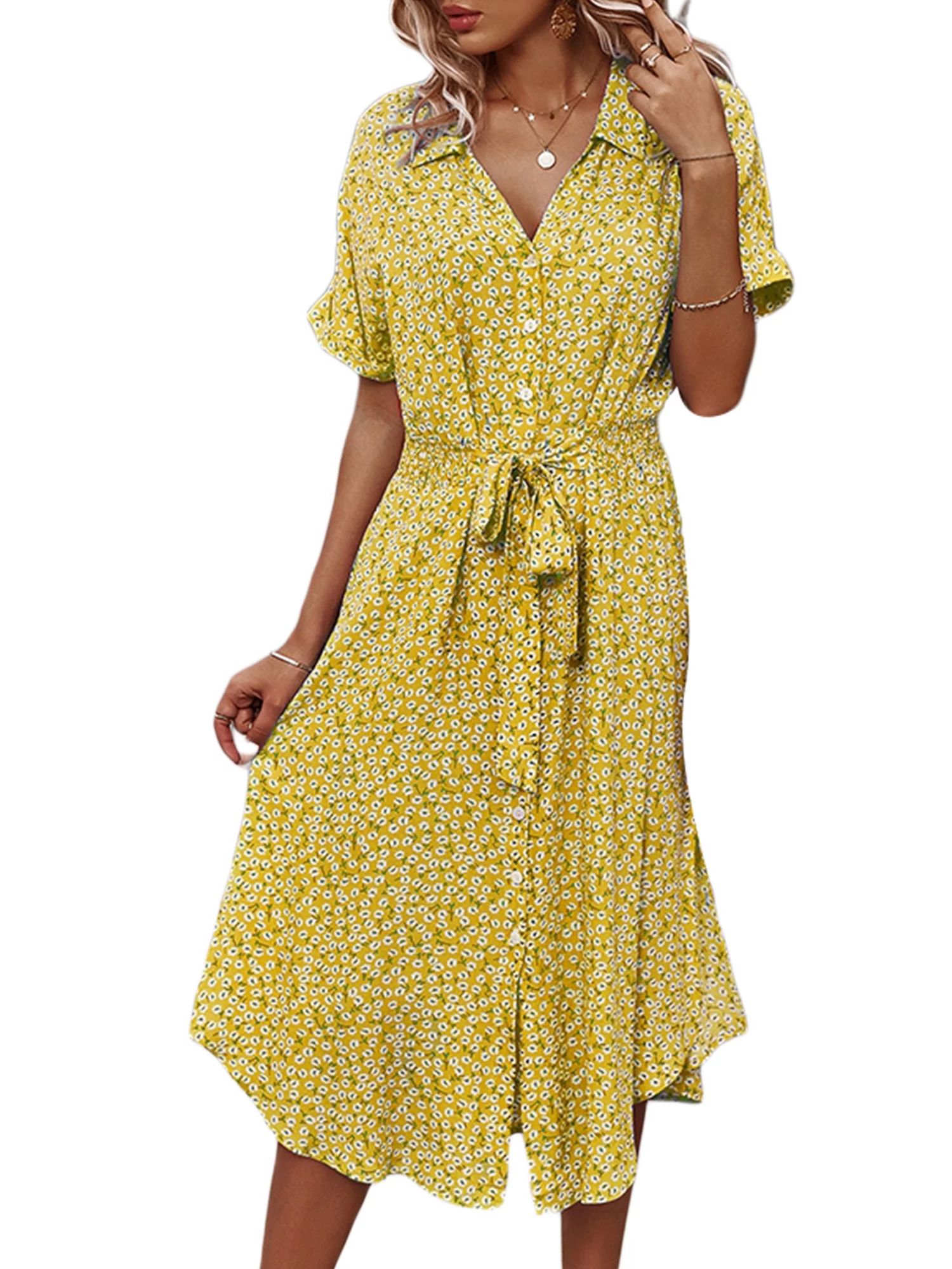 Spring hue Women's Button Midi Dress, Short Sleeve Floral Print Shirt Dress | Walmart (US)