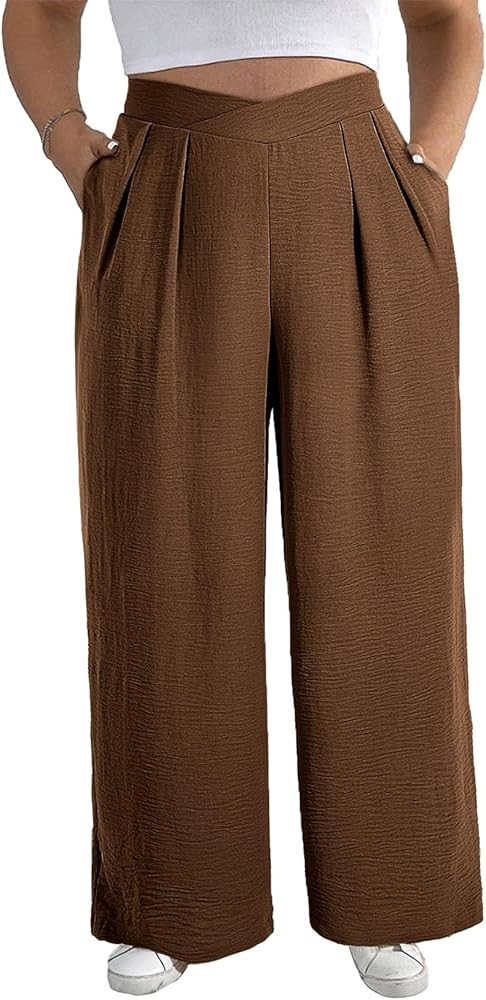 Eytino Womens Plus Size Wide Leg Pants Crossover Waist Pleated Front Casual Work Pants Lounge Tro... | Amazon (US)