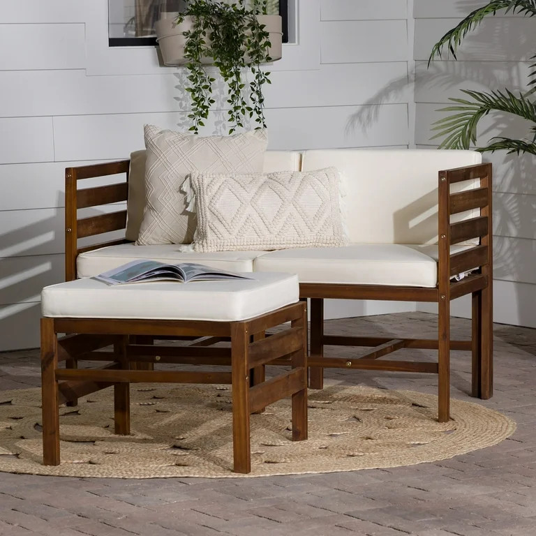 Walker Edison Modular Outdoor Acacia L/R Chairs + Ottoman - Dark Brown | Walmart (US)