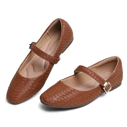 hingswink Brown Mary Jane Shoes Women Flats Ballet Flats with Strap Square Toe Buckle MaryJanes Shoes for Women Dressy Comfortable, PUBrown7.5 | Amazon (US)