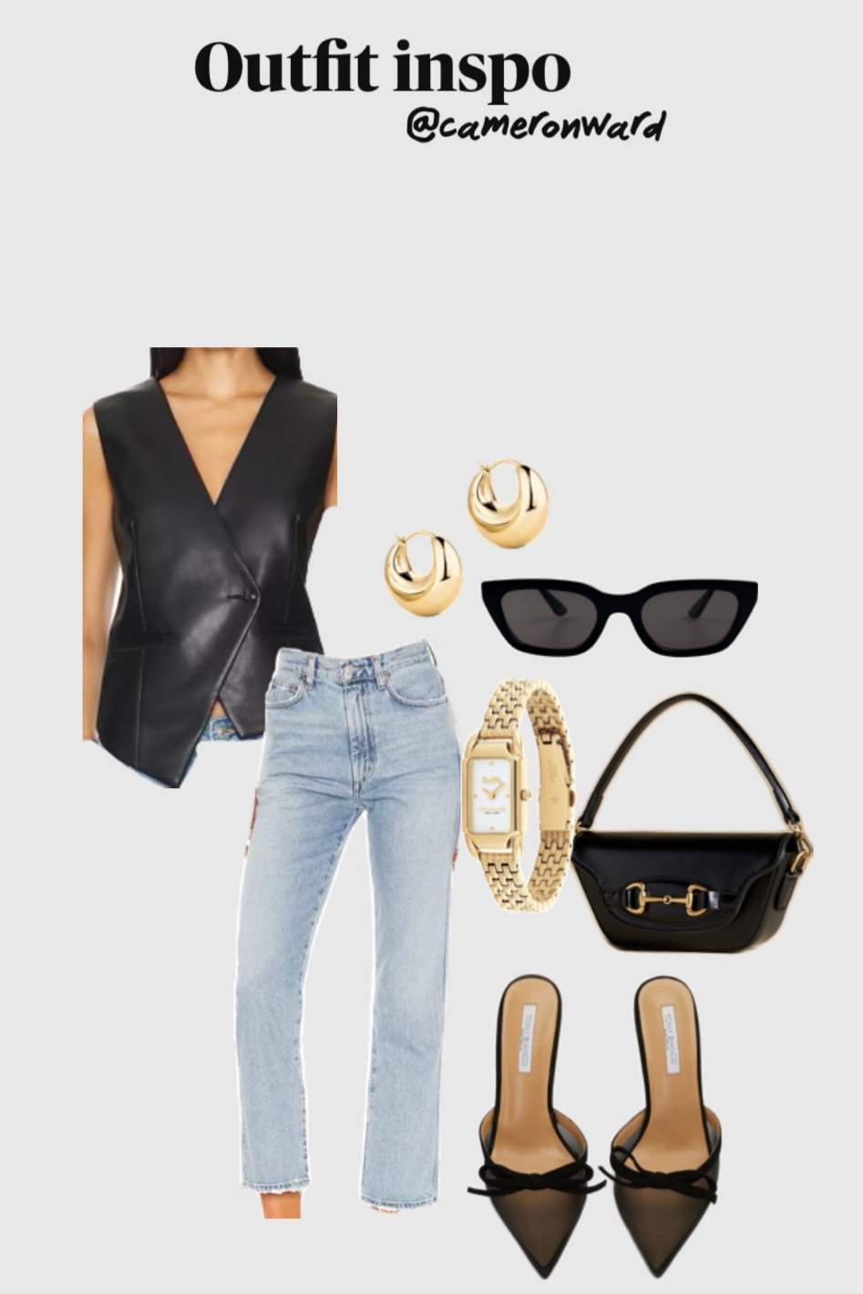 Outfit inspo, straight jeans, faux leather vest, faux leather top, kitten heels, pointed toe heels, black shoulder bag, black sunglasses, 

#LTKStyleTip #LTKShoeCrush #LTKFindsUnder100