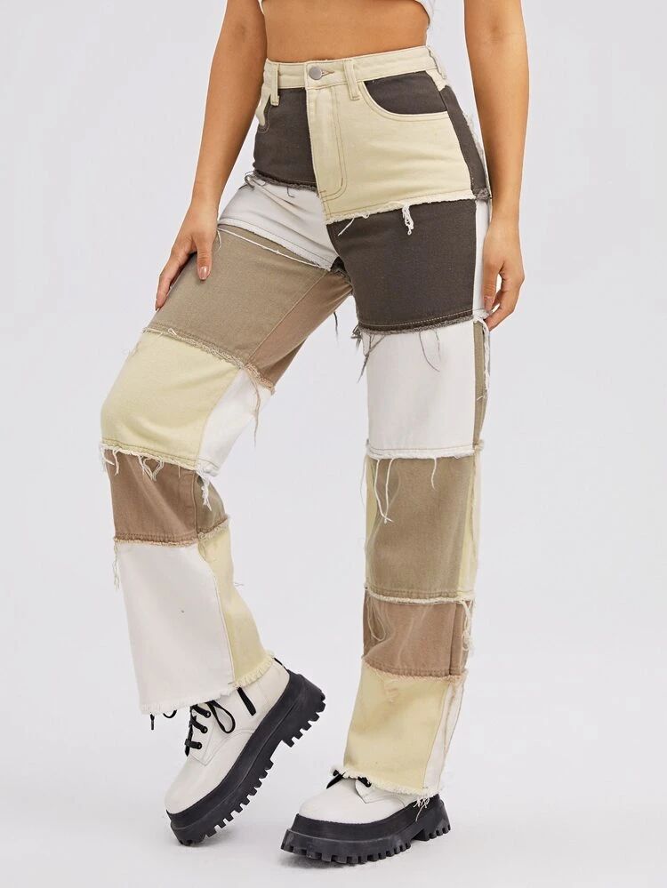 High Waist Spliced Raw Hem Colorblock Straight Leg Jeans | SHEIN