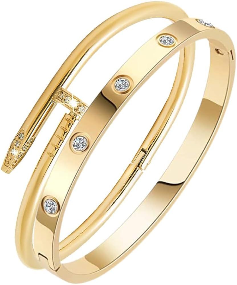 Women Bracelets with Cubic Zirconia 18K Yellow Gold Plated Love Bracelets Oval Cuff Bangles with ... | Amazon (US)