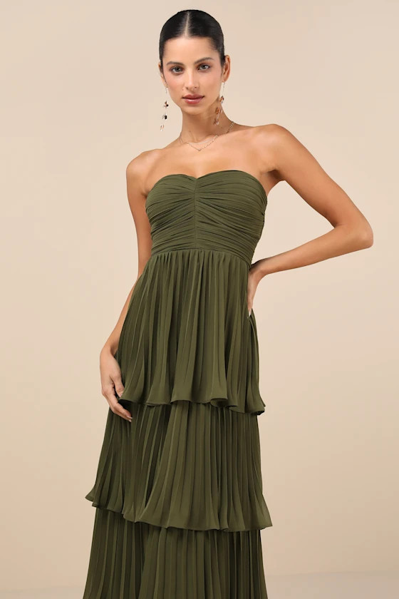 Seriously Sensational Olive Green Strapless Tiered Maxi Dress | Lulus