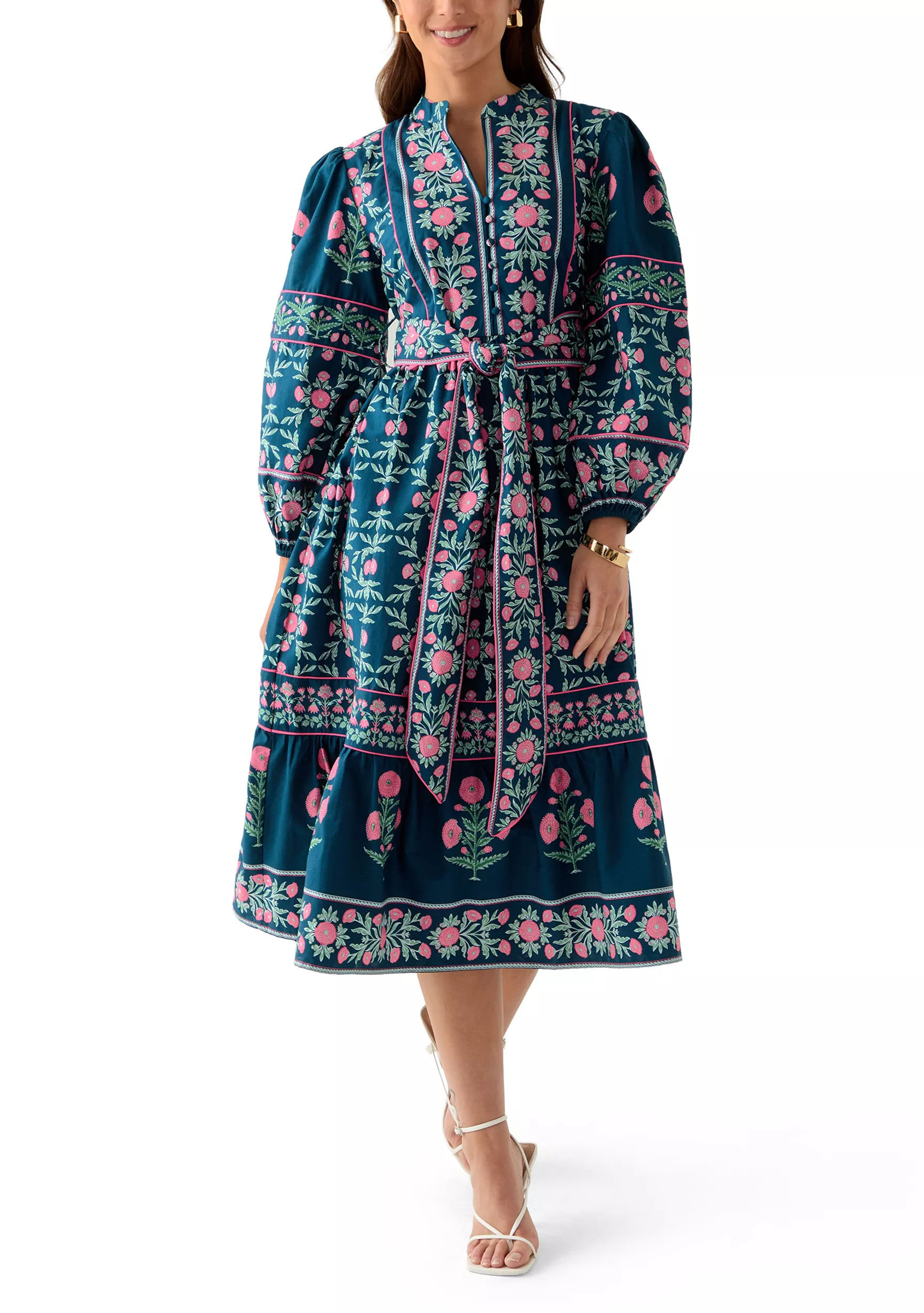 Petite Puff Sleeve Printed Midi Dress | Belk