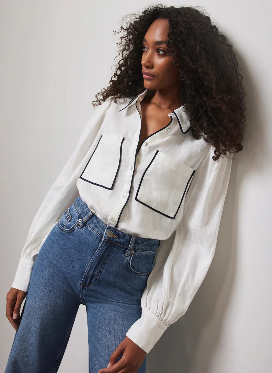 White Linen Piped Shirt | Mint Velvet