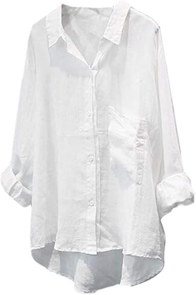 FTCayanz Women's Casual Linen Blouses Tops V Neck Long Sleeve Button Down Shirts | Amazon (US)