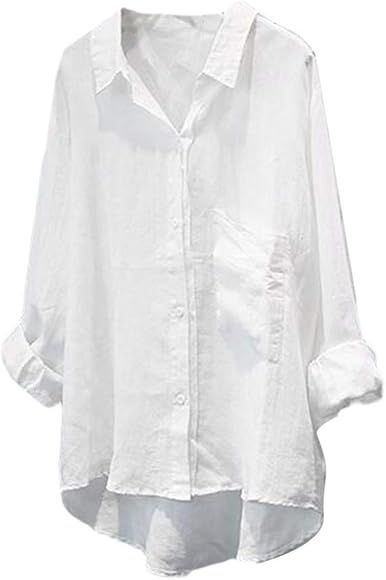 FTCayanz Women's Casual Linen Blouses Tops V Neck Long Sleeve Button Down Shirts | Amazon (US)