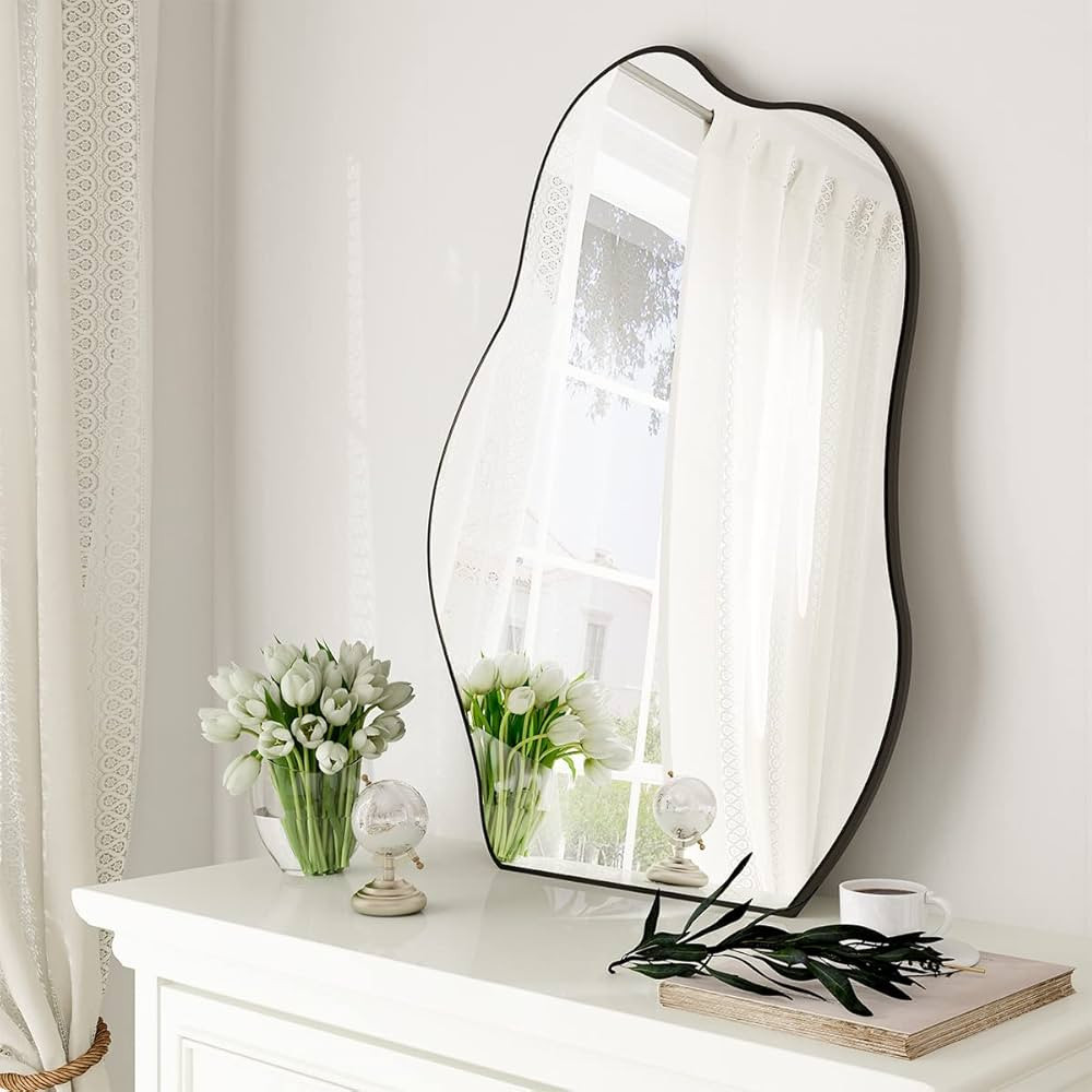 HARRITPURE Irregular Bathroom Mirror 24"x32" Black Modern Wall Mirror Wood Framed Asymmetrical De... | Amazon (US)