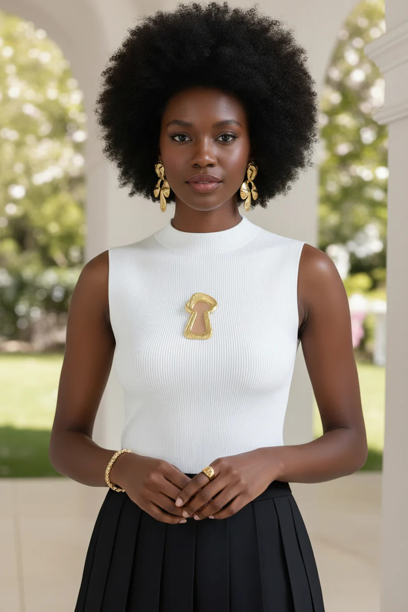 Kianna Ribbed Knit Tank Top With Gold Keyhole Patch - White | Benaar La