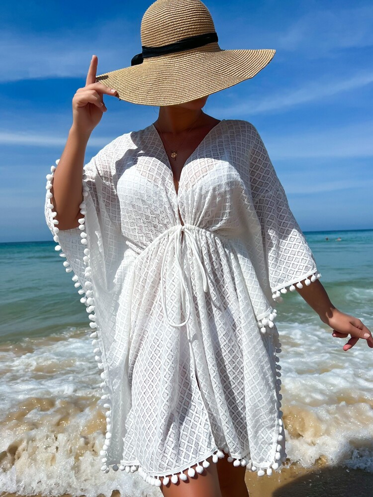 New
     
      Pompom Trim Drawstring Waist Kimono | SHEIN