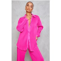 Hot Pink Plisse Button Front Oversized Shirt | PrettyLittleThing CAN
