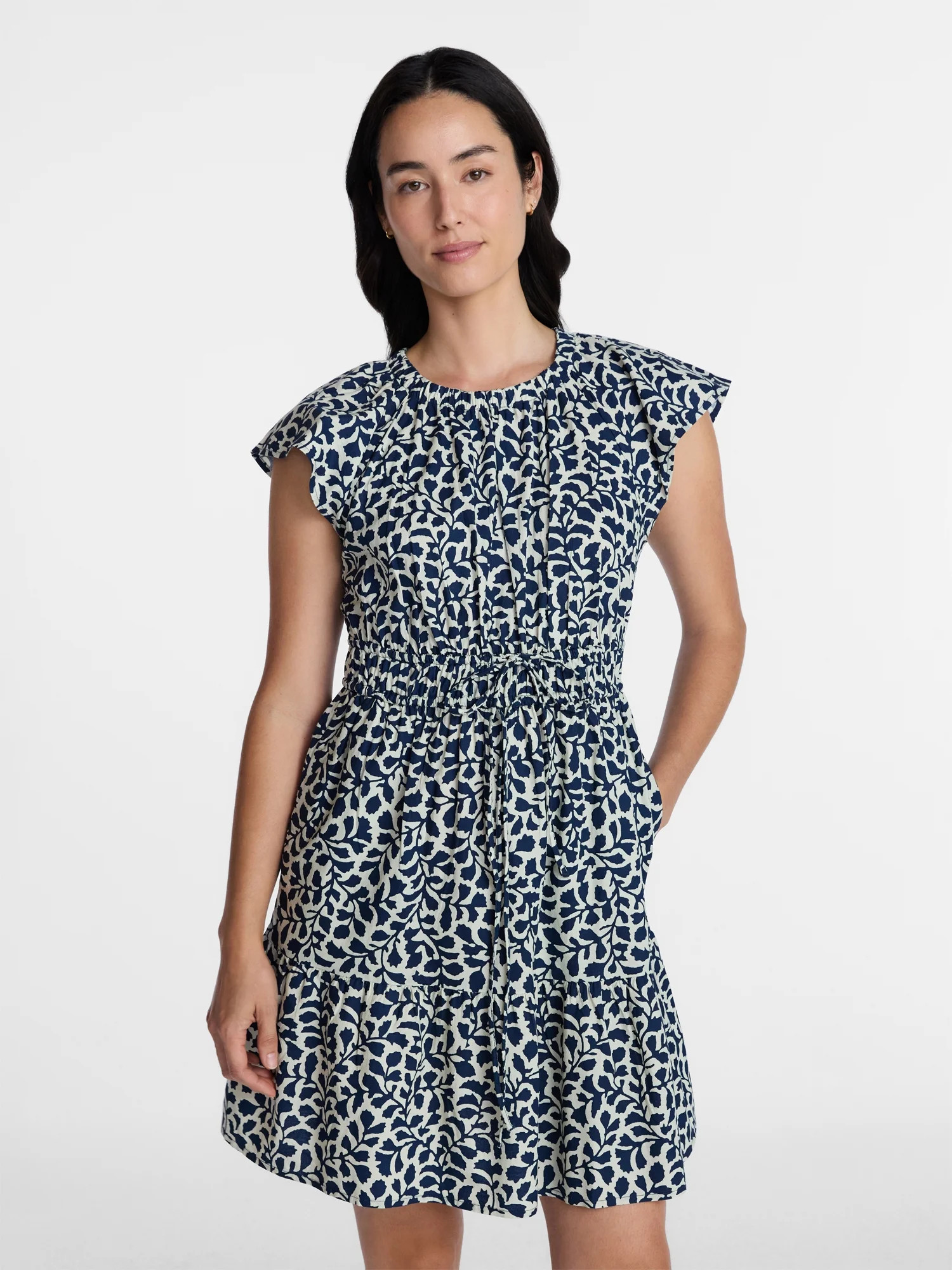 Time and Tru Women's Cinched Waist Mini Dress with Flutter Sleeves, Sizes XS-XXXL | Walmart (US)