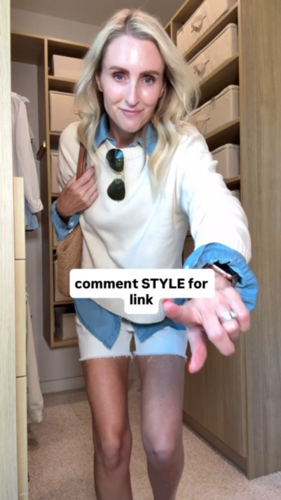 Summer outfits. outfit idea. Over 40 women. Over 50 women. Jellies. White shorts. Denim shirt. Cotton sweater. Wearing size small shirt and sweater. 26 shorts.

#LTKootd #LTKmomlife #LTKOver40
